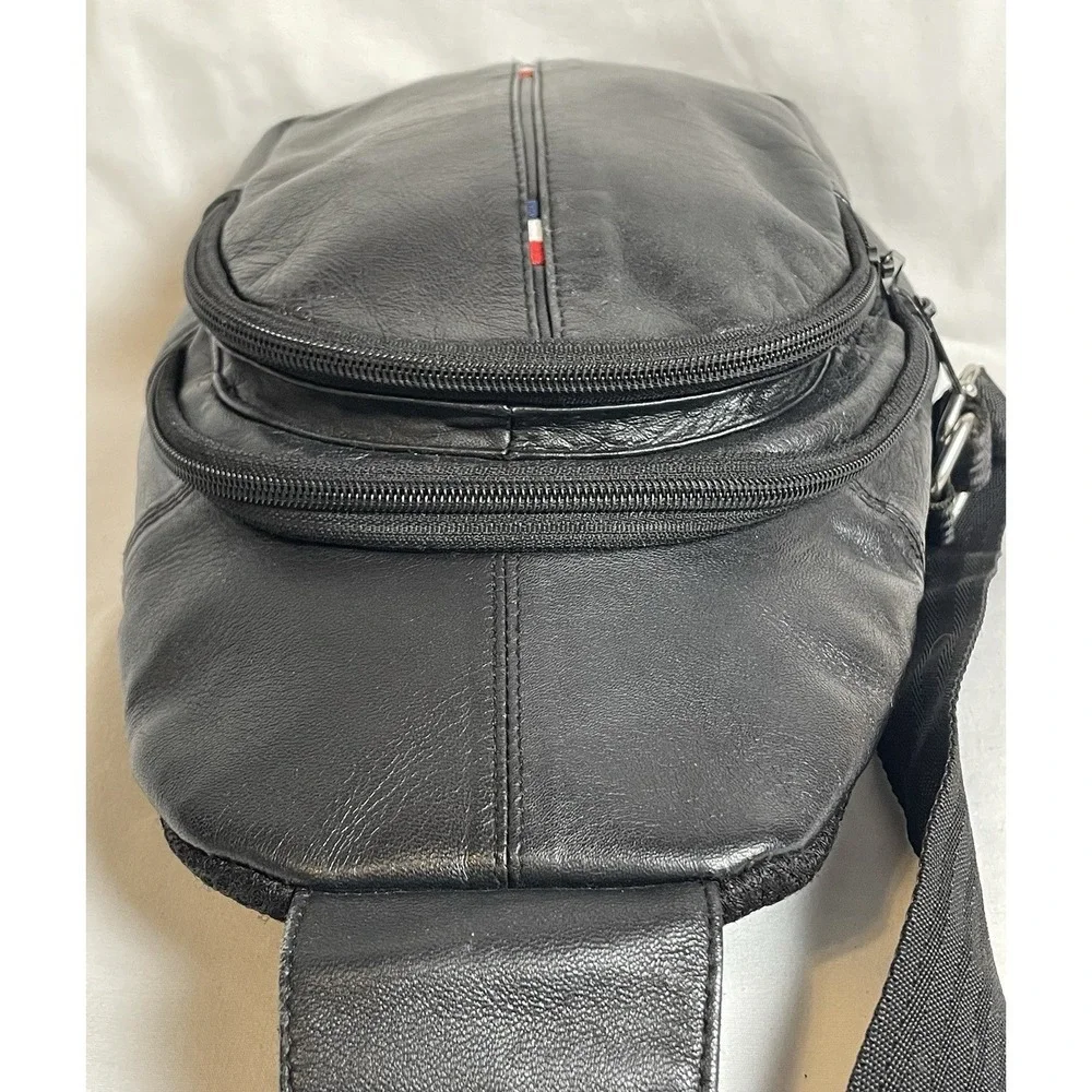 Y2K Genuine Leather Sling Bag Unisex Small Black Multiple Pockets Travel Casual